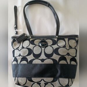 Coach Black Canvas Signature Stripe Tote Bag F15112